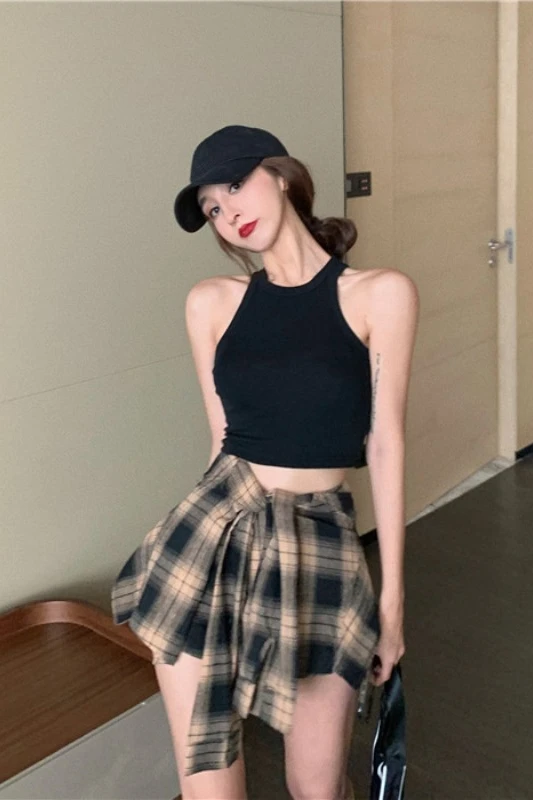 

High waist Plaid trouser skirt women's summer 2020 new A-line miniskirt show thin skirt fake two half length skirt fashion