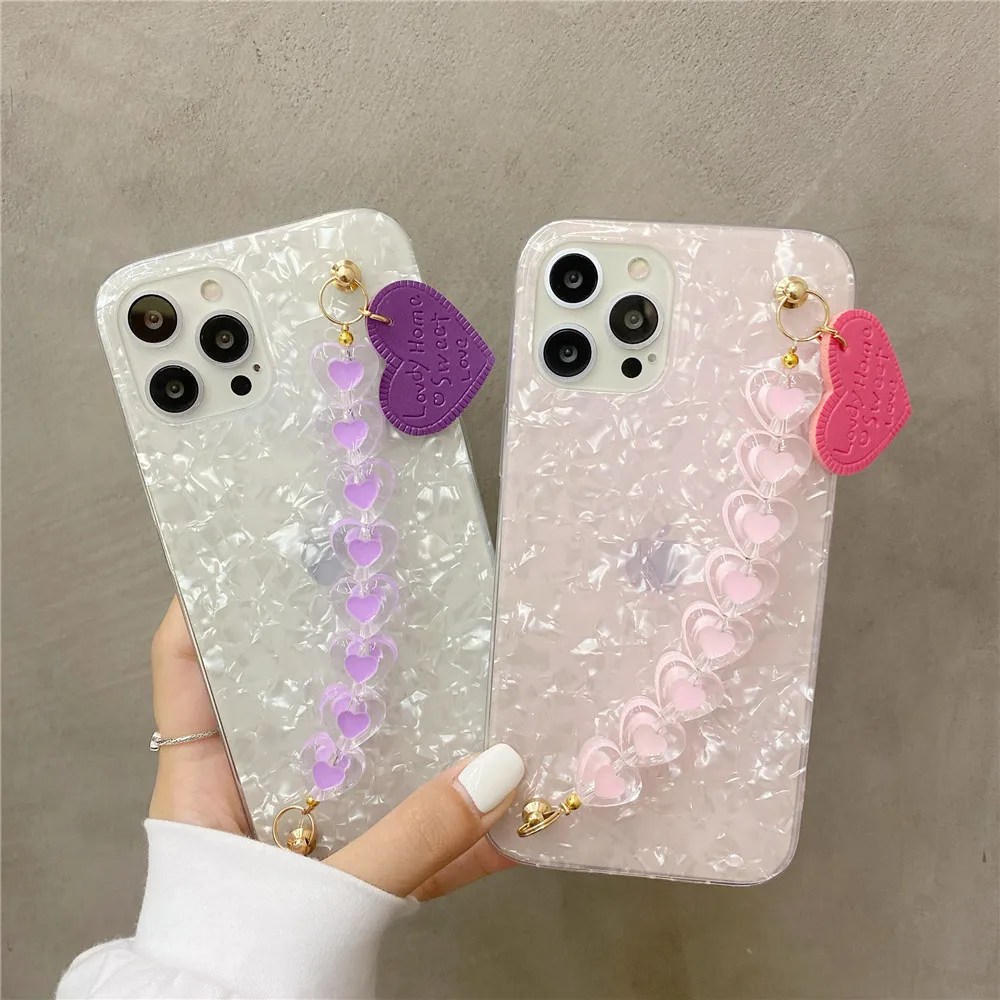 

Pink White 3D Love Heart Wrist Chain Phone Case For Xiaomi Redmi Note 10 9 Pro 9S 9T 8 8Pro 7 Mi 11 Lite 10T Pro 9 9T CC9E Cover