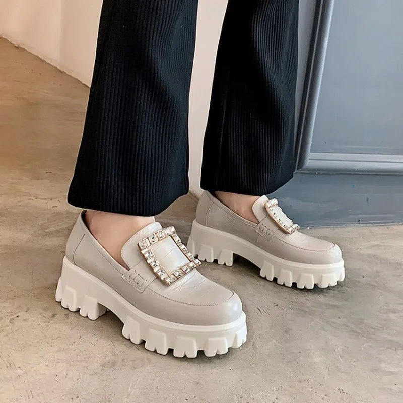 

Womens Round Toe Real Leather Crocodile Pattern Platform Square Buckle Rhinestones High Heel Wingtip Shoes 3Colors G21