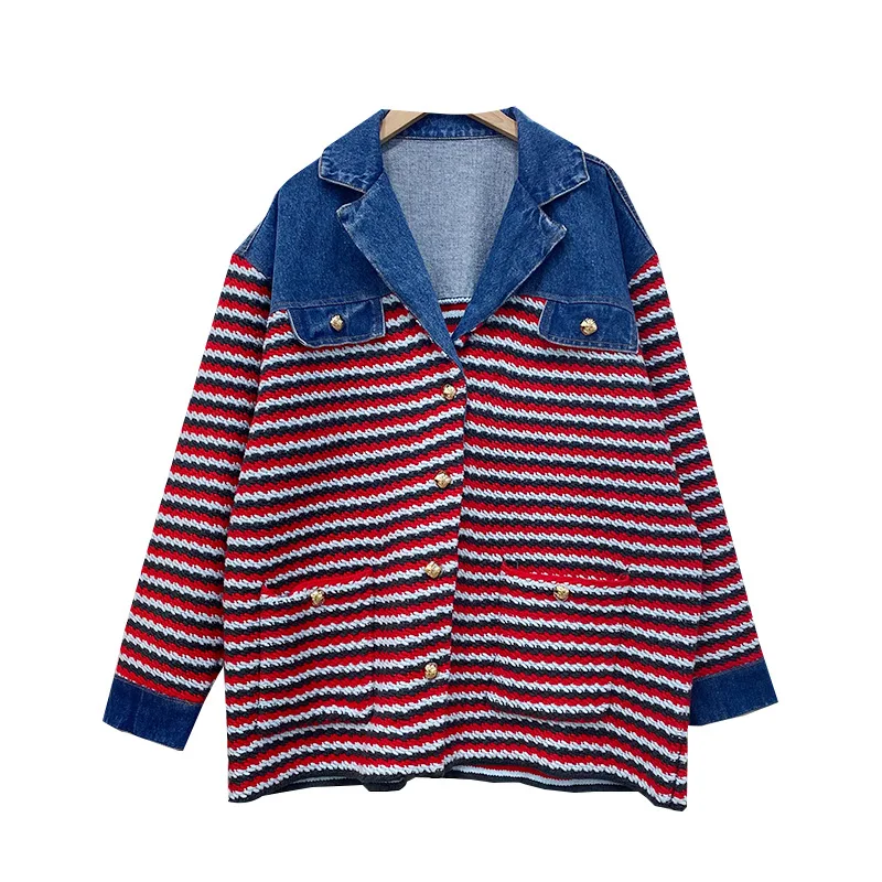 

Winter new patchwork denim jacket wool V-neck knitted fashion loose coat warm clothes women