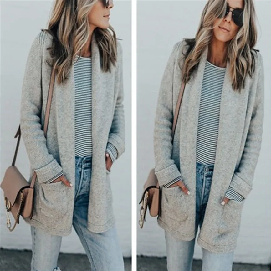 Женский кардиган осень 2019 свитер Повседневный длинный рукав карман Однотонный