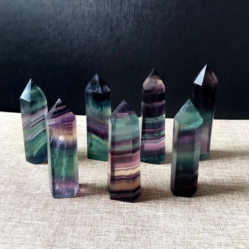 

Natural Fluorite Crystal Rainbow Striped Fluorite Quartz Crystal Hexagonal Point Faceted Prism Wand for Healing Home Decor