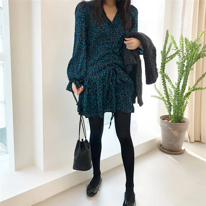 

Alien Kitty Chic Flare Sleeves V-Neck Drawstring 2020 Print Floral Dresses Vintage Stylish Office Lady All-Match Plus Dress