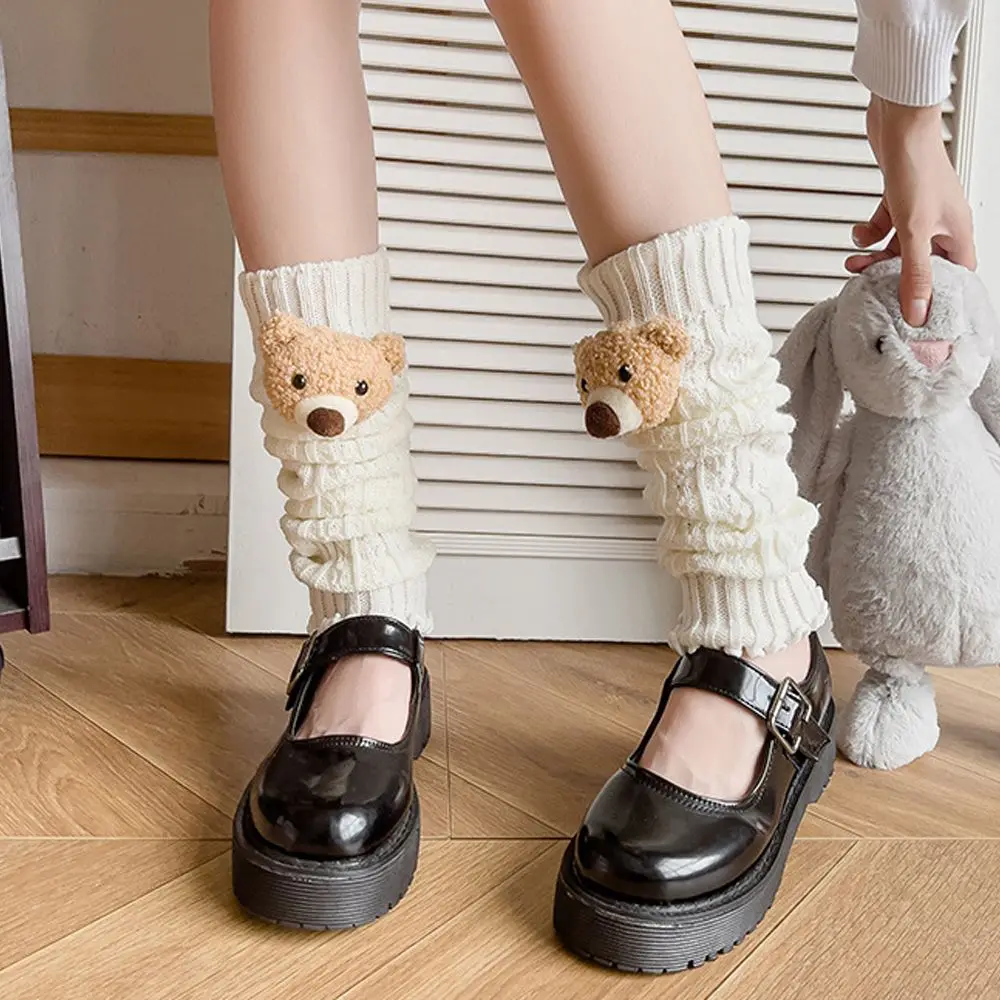 

1Pair Foot Cover Thickened Warmth Sweet Girl Bear Stripe Leg Warmers Twist Knitted Socks Heap Heap Socks