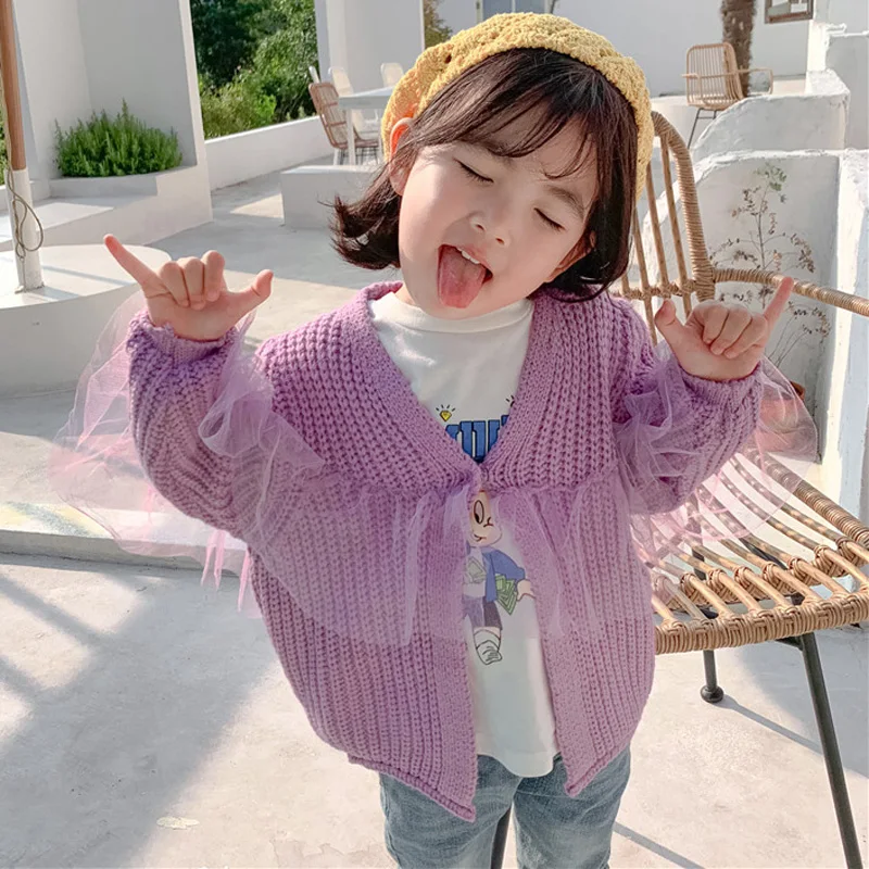 Детский однотонный кардиган с V образным вырезом сеткой|Свитера| |