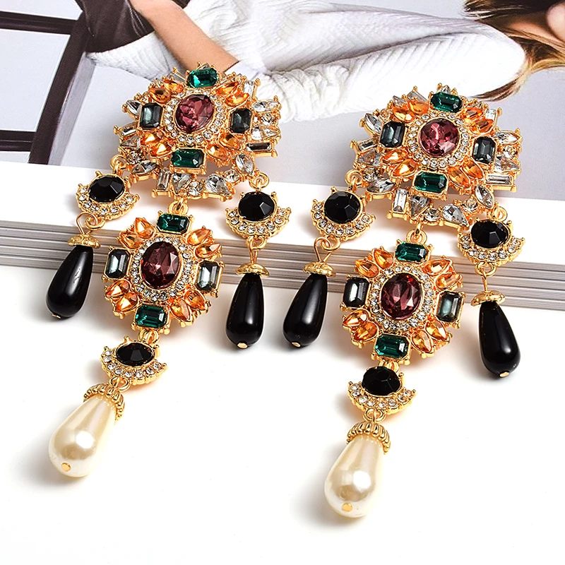 

New Bohemian Vintage Metal Colorful Crystals Dangle Drop Earrings Hanging Pearls Fine Rhinestone Jewelry Accessories For Women