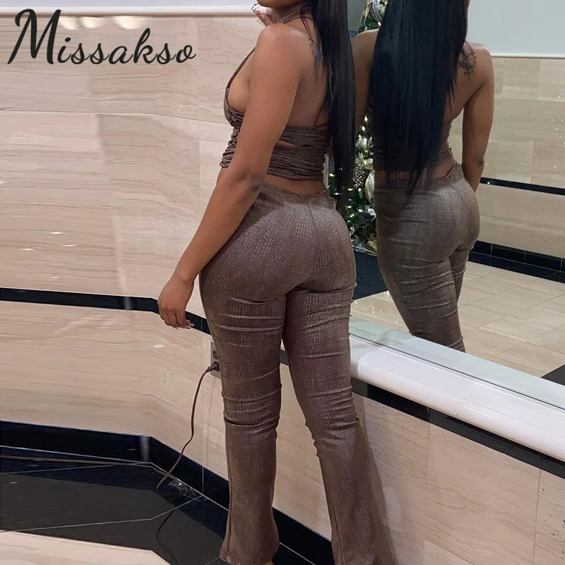 

Missakso Sexy PU Leather Cracked Suit 2021 Summer Women Backless One Shoulder Tops Lace Up Slim Pants 2 Piece Matching Sets
