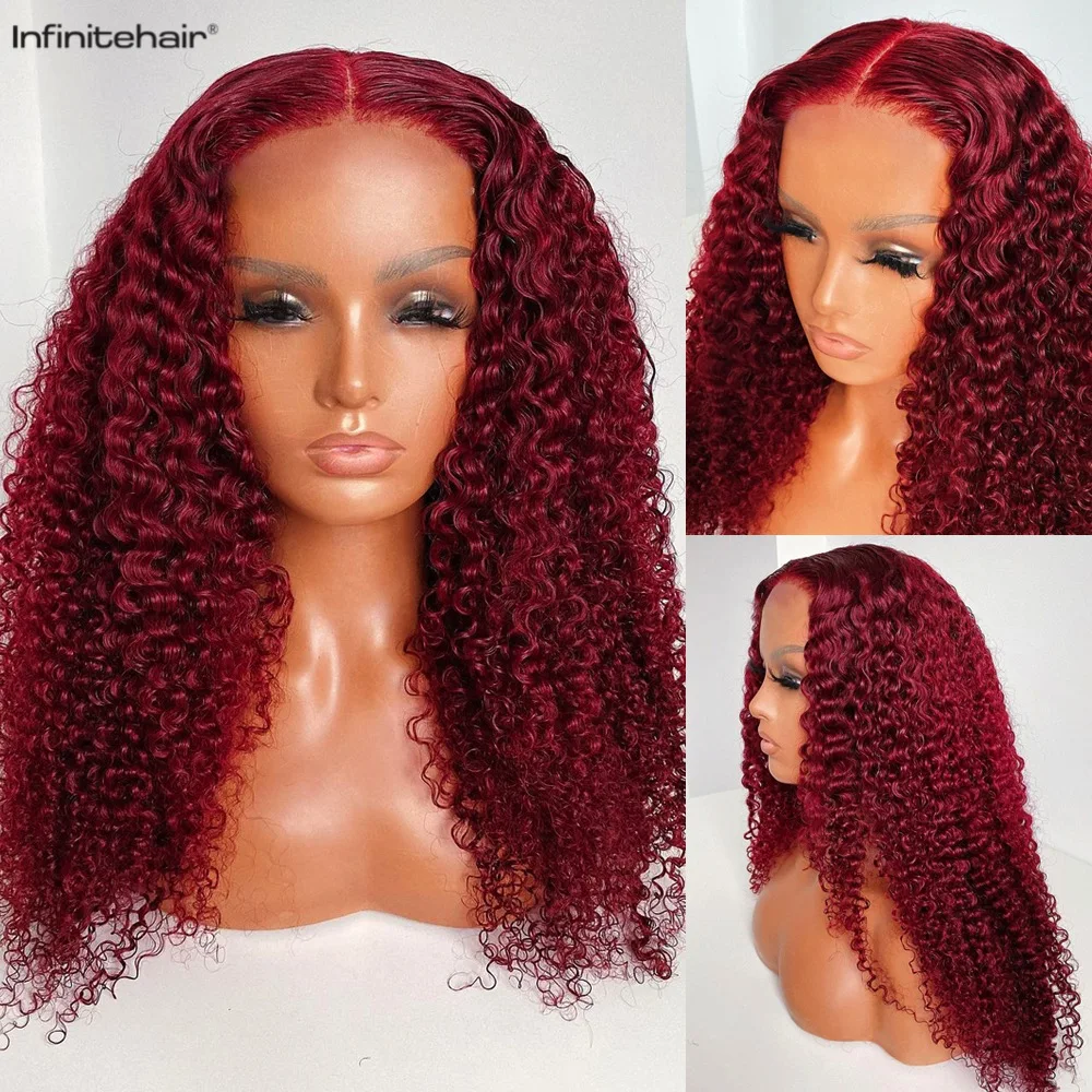 Burgundy Curly 13x1 T Part Lace Front Wig Deep Middle Parting 150% Density Human Hair Wigs Pre Plucked for Black Women