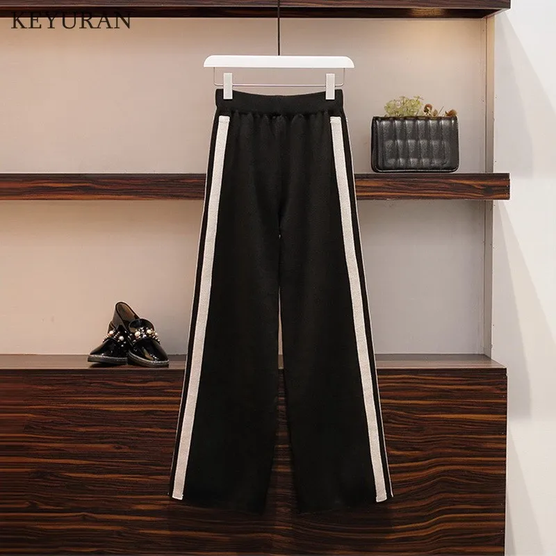 Осенне-зимний комплект из 2 предметов Женский вязаный костюм Свободный Полосатый