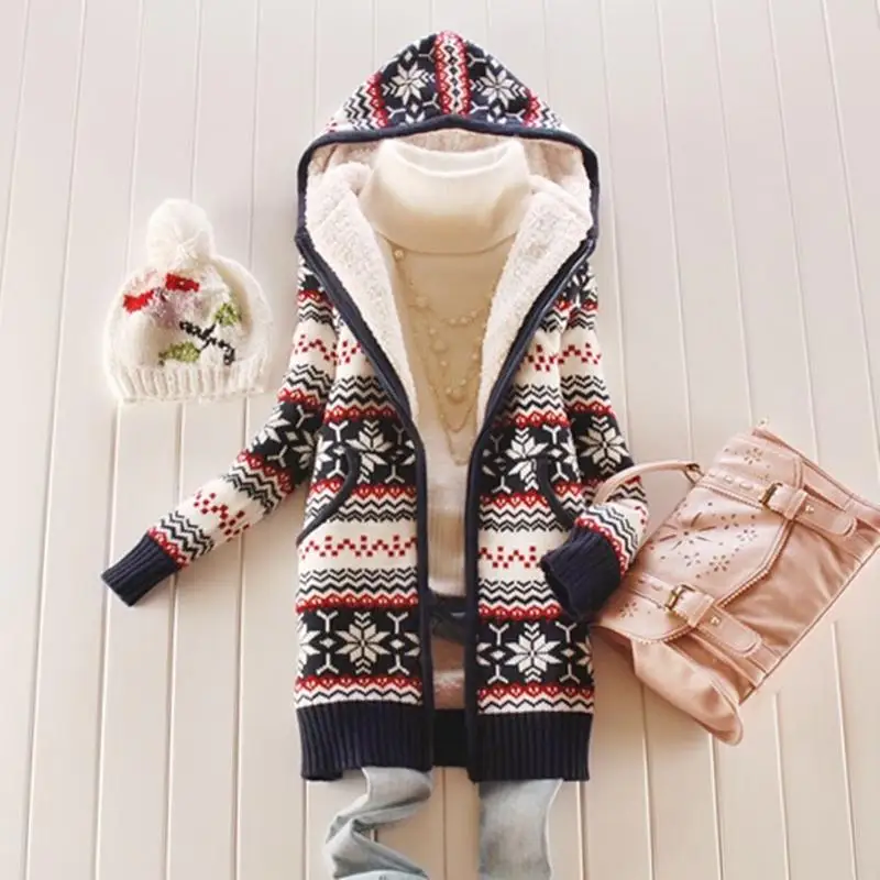 Women thick Fleece Knitted Hooded Cardigans snowflake Crocheted Sweaters Coat Slim Long Sleeved Thickening Velvet Winter Tops |
