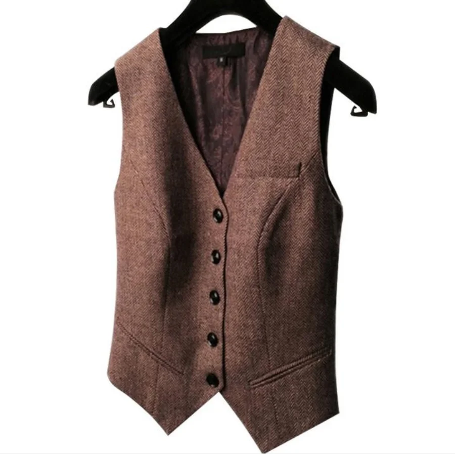 Spring New Suit Vest Ladies Waistcoat Short Jacket Casual Ol Coat Women 3xl Single-breasted woolen herringbone pattern pocket t