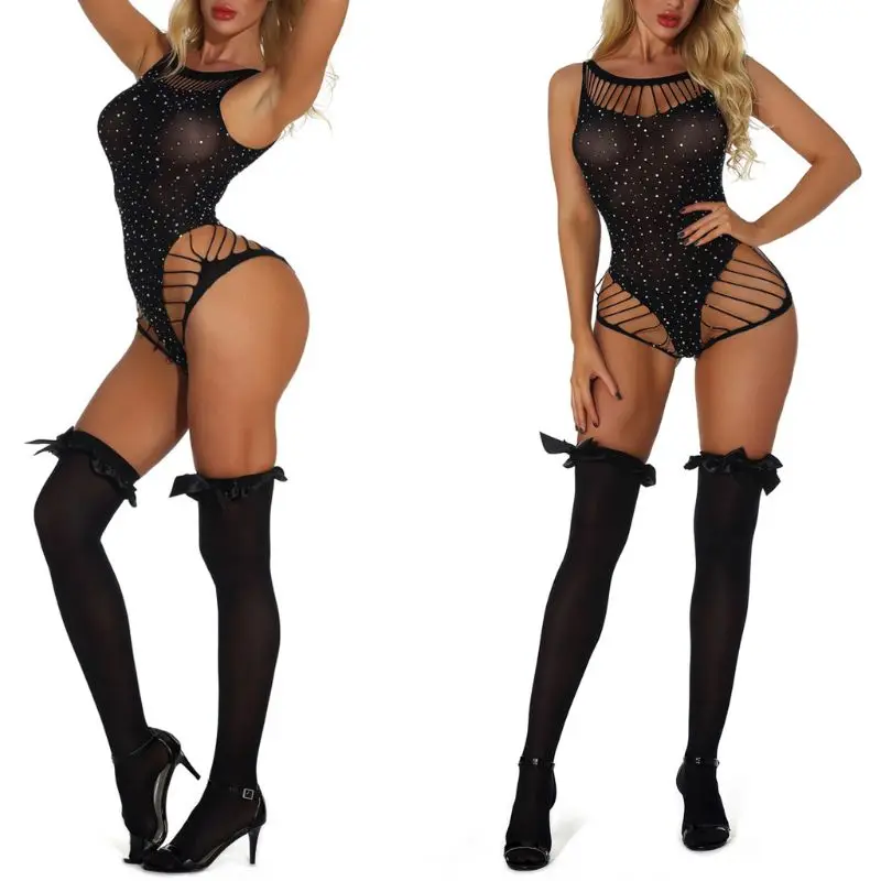Women Sexy Hollow Out Bodysuit Lingerie Glitter Rhinestone Nightwear Stockings K1MD