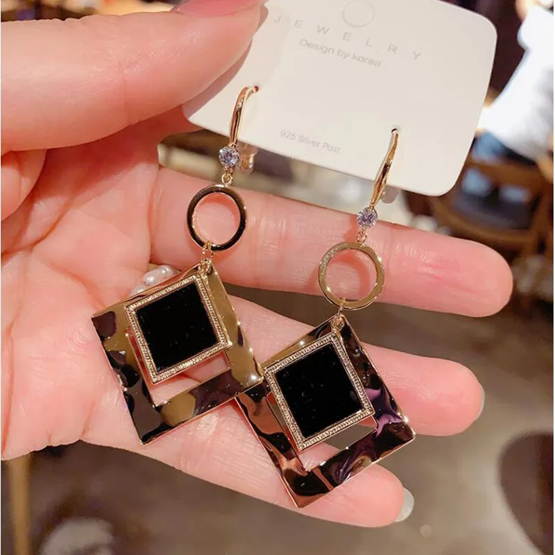 

Korean Version of Square Zircon Earrings Wild Long Ear Studs