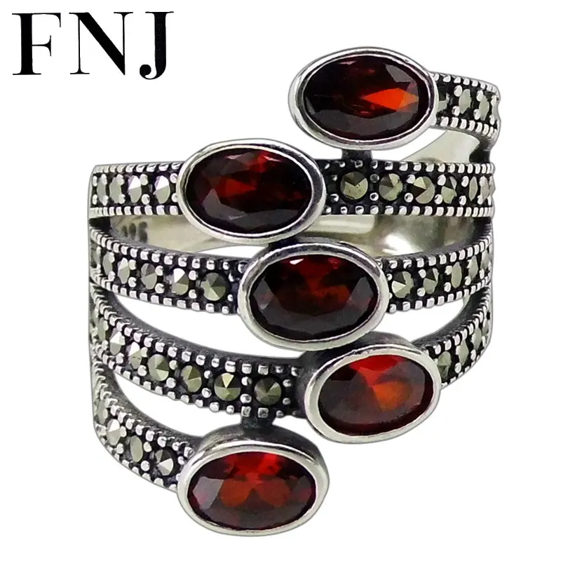 

FNJ 925 Silver Ring Red Zircon Stone New Fashion MARCASITE Original S925 Sterling Silver Rings for Women Jewelry Adjustable Size