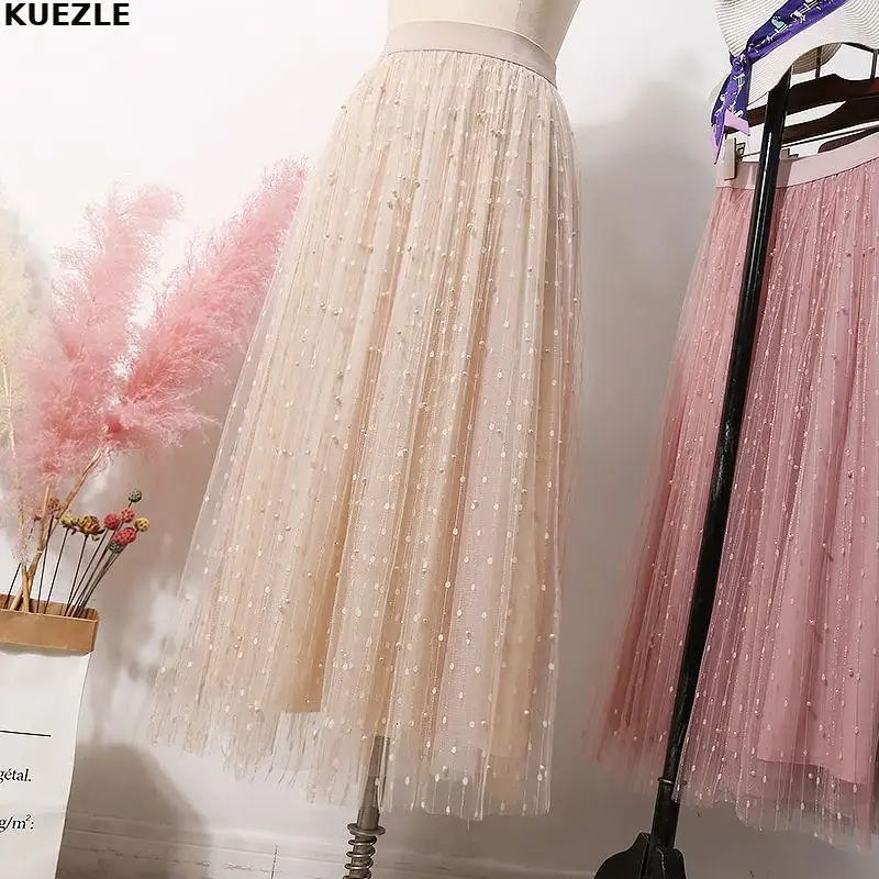 

Girls Summer Beaded Mesh Skirt 2021 Elegant Vintage Tulle Skirt Women Elastic High Waist Mesh Skirts Long Pleated Tutu Skirt