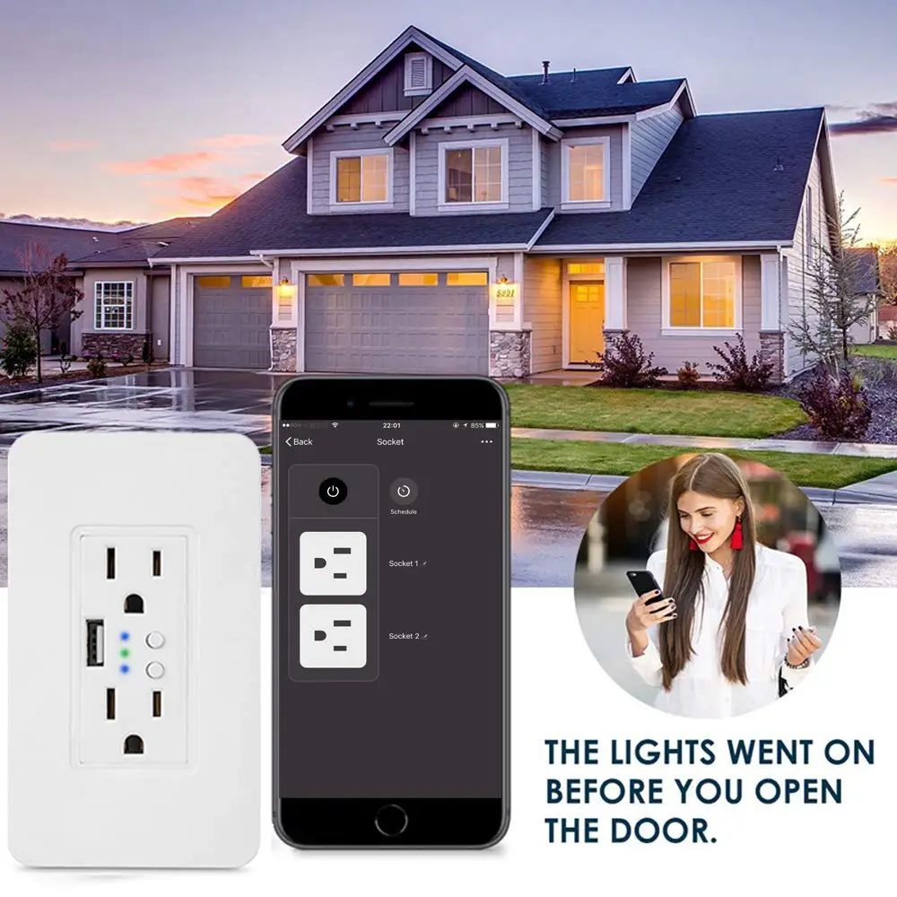 Smart WiFi настенные розетки США электрическое штепсельное гнездо с USB зарядным устройством 15A независимый переключатель дистанционного управления Alexa Google Home
