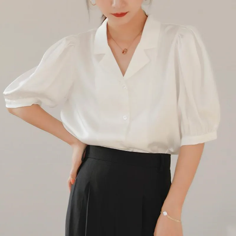 

OL Elegant Basic White Suit Shirt Women Clothing 2020 Summer Blouses Loose Solid Office Lady Short Puff Sleeve Tops Femme