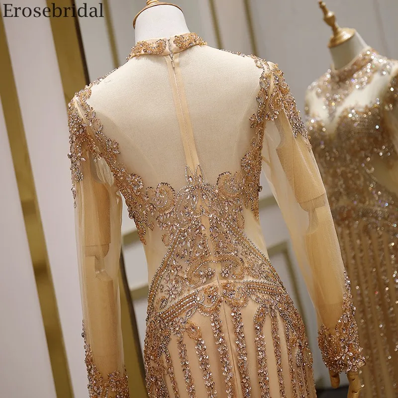 

Erosebridal Luxury Beads Long Sleeve Evening Dress 2020 O Neck Mermaid Prom Dress Long Gold Grey Two Colors See Through Body