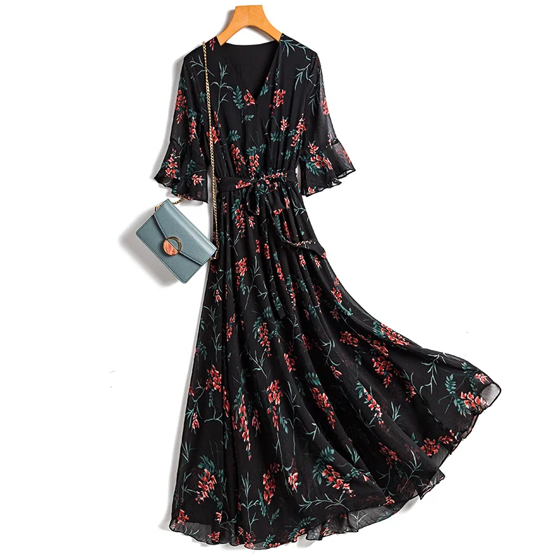

New Vintage Black Floral Print Chiffon Dress V-neck Short-Sleeve Elastic Waist Slim Long Midi Dress Summer 2021 Formal Work