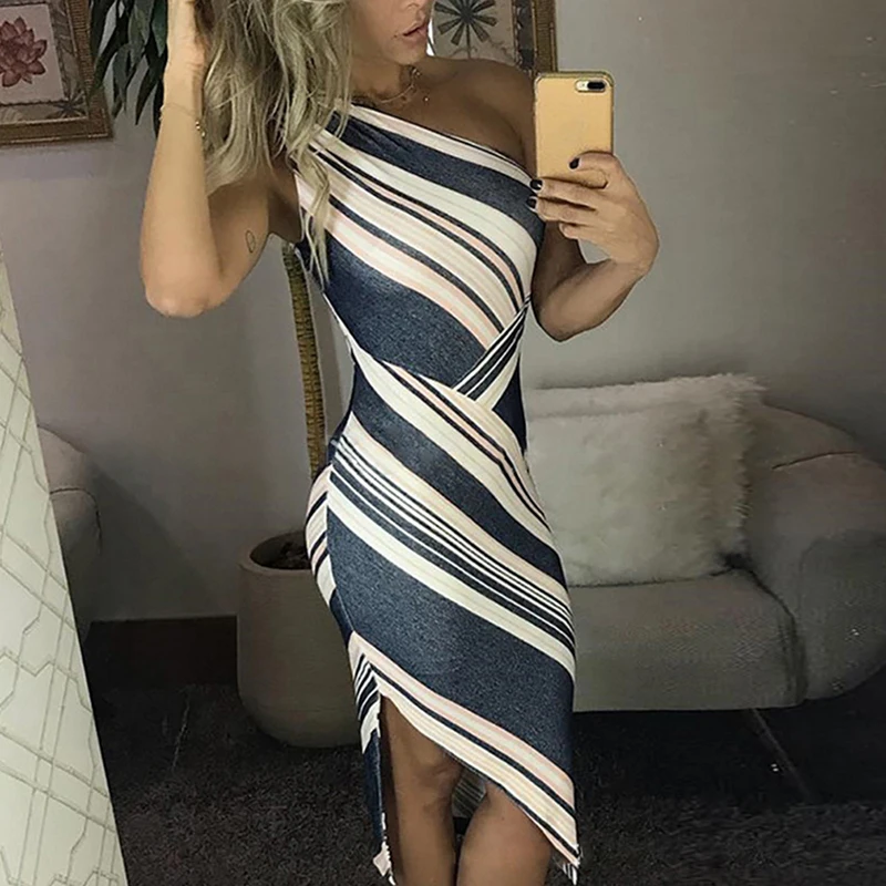 

2021 Summer New Fashion Women Skew Neck Office Asymmetrical Elegant Party Dress Striped One Shoulder Irregular Bodycon Dress