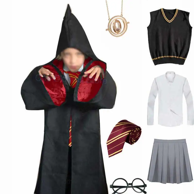 

Girls Women Halloween Costume Witch Cloak Robe Tie Sweater Skirt College Party Cosplay Clothes Unisex Hooded Robe