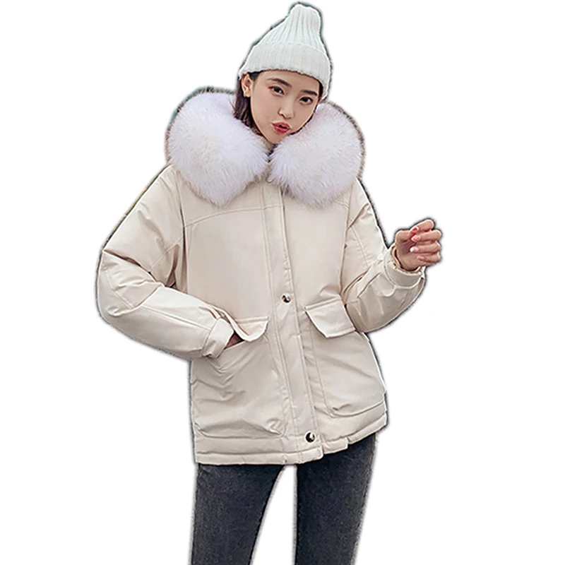 

Женская пуховая куртка с капюшоном, теплая свободная парка с большим меховым воротником, зимнее плотное пальто, Осень-зима 2020