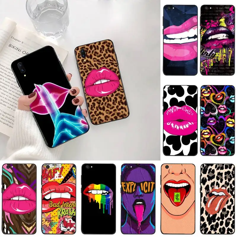 

YJZFDYRM Women Sexy lips Black TPU Soft Rubber Phone Cover For Vivo Y91c Y17 Y51 Y67 Y55 Y93 Y81S Y19 V17 vivos5