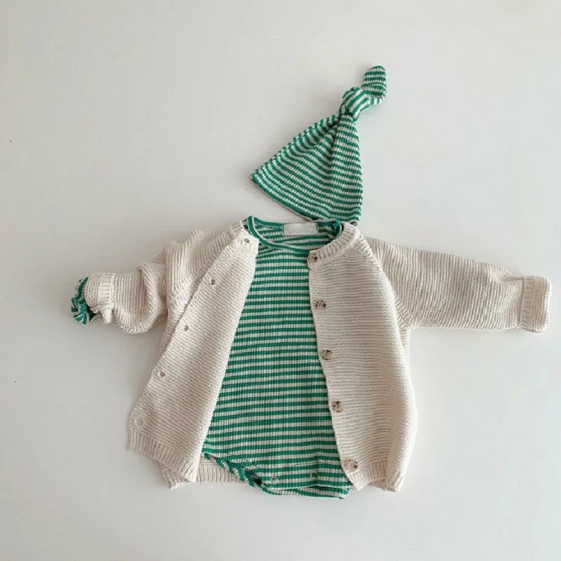 

Korean Autumn Fashion Baby Coat Boy Girl Striped With Hat Romper Clothing Solid Color Cotton Knitted Sweater Winter Baby Clothes