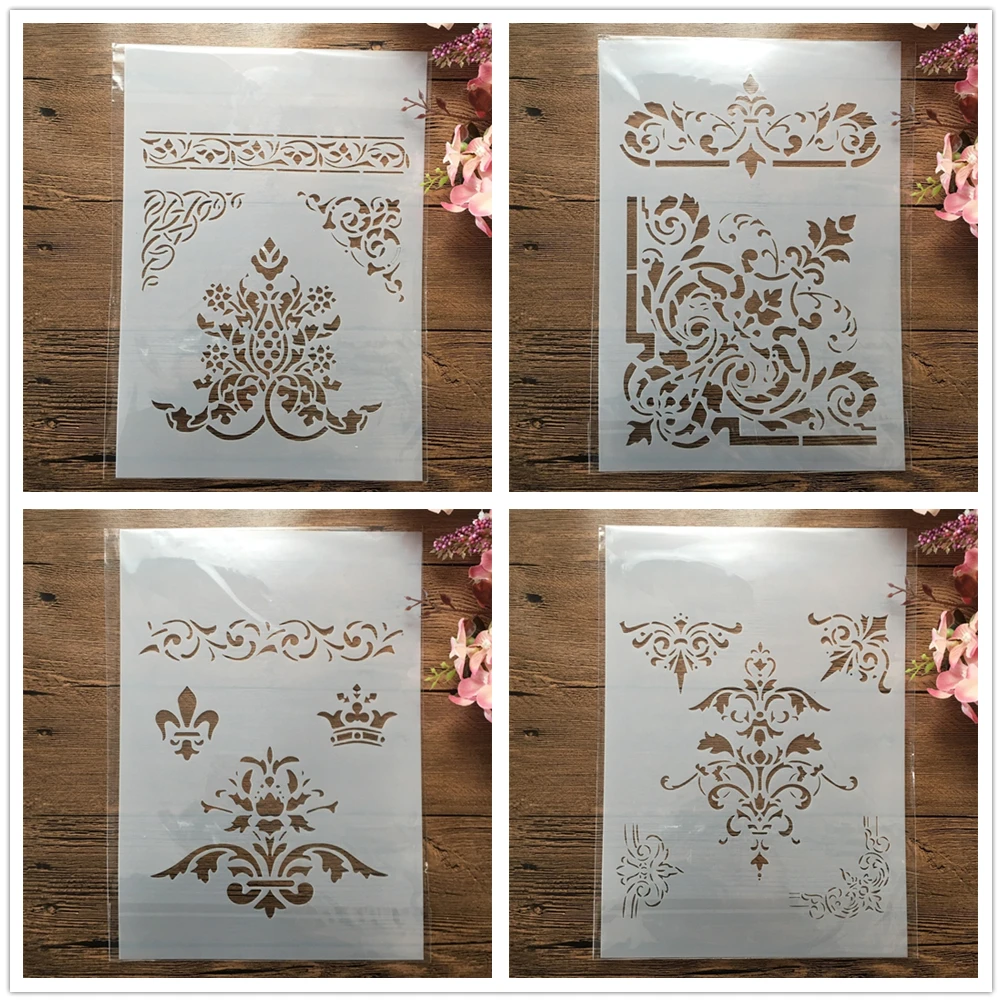 

4Pcs A4 29cm Vintage Totem Edge Line DIY Layering Stencils Painting Scrapbook Embossing Hollow Embellishment Printing Lace Ruler