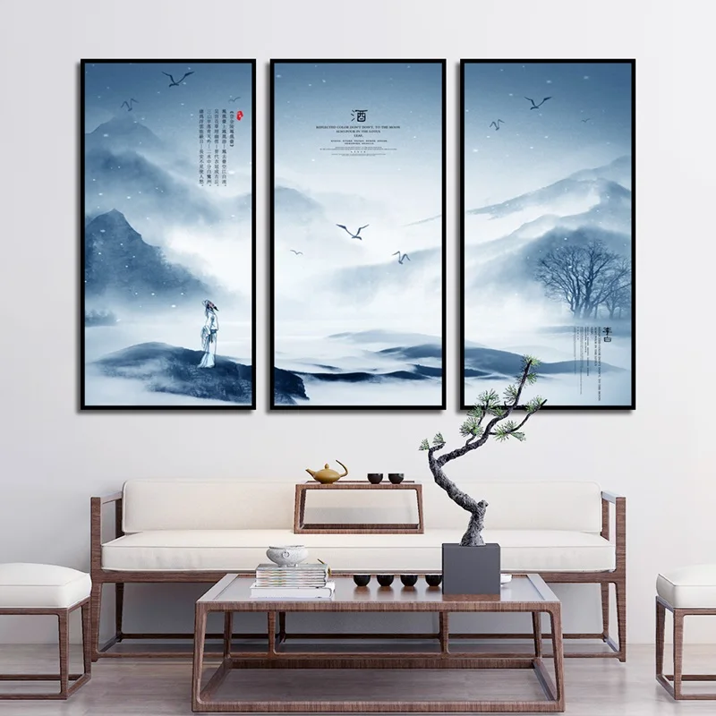 

Three-piece Chinese Ink Landscape Poster Mountain Lake Landscape Canvas Painting Modern Home Decor Wall Art Picture Frameless