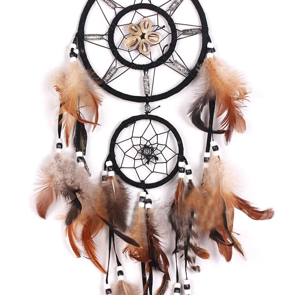 

Dream Catcher With Feathers Shell Wall Hanging Pendant Wind Chime Ornament Brown Home Decoration