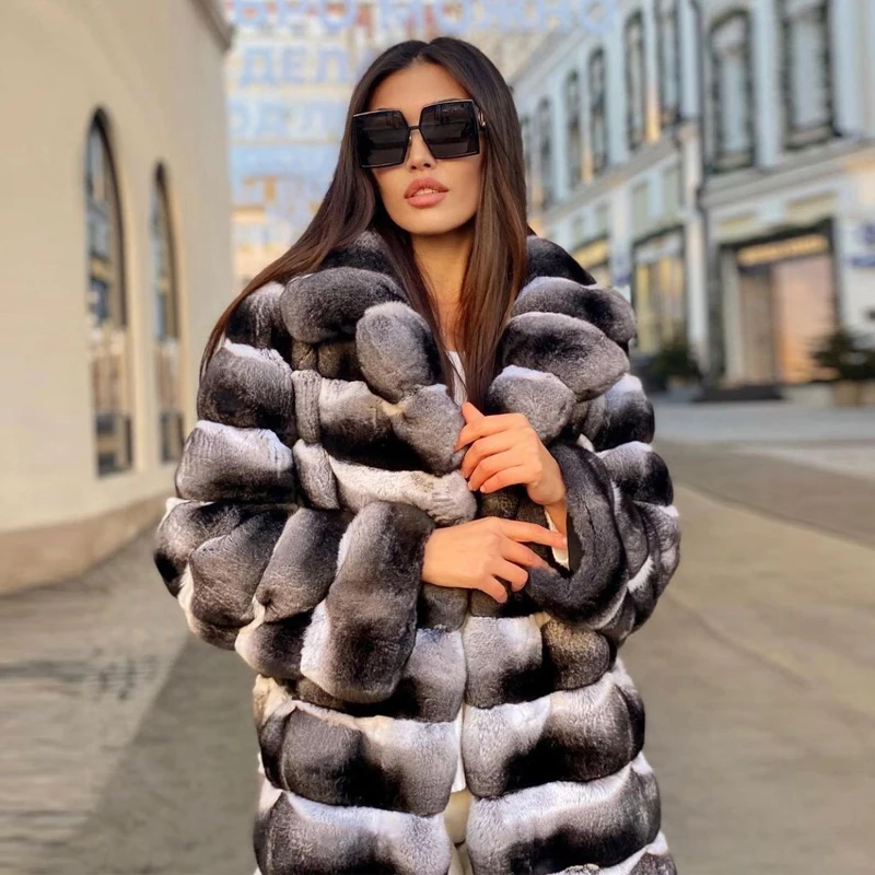 120CM Long Natural Rex Rabbit Fur Coat For Women Winter New High Quality Full Pelt Rex Rabbit Fur Coats Chinchilla Color Outwear