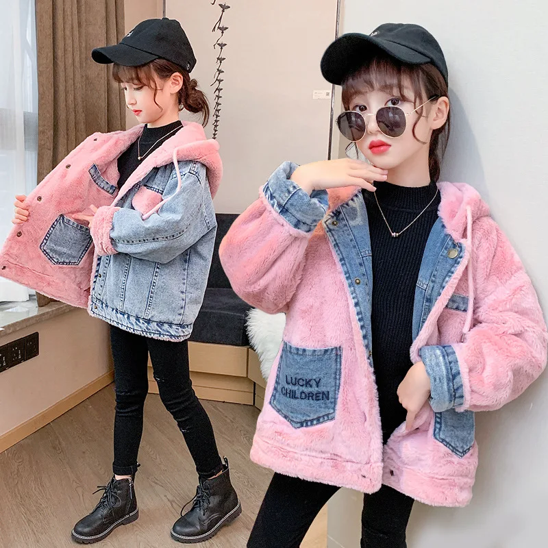 

2021 New Children Patchwork Denim Jacket Kids Girls Fashion Reversible Thick Coat Warm Outerwear Teenage Hooded Double-sided Top
