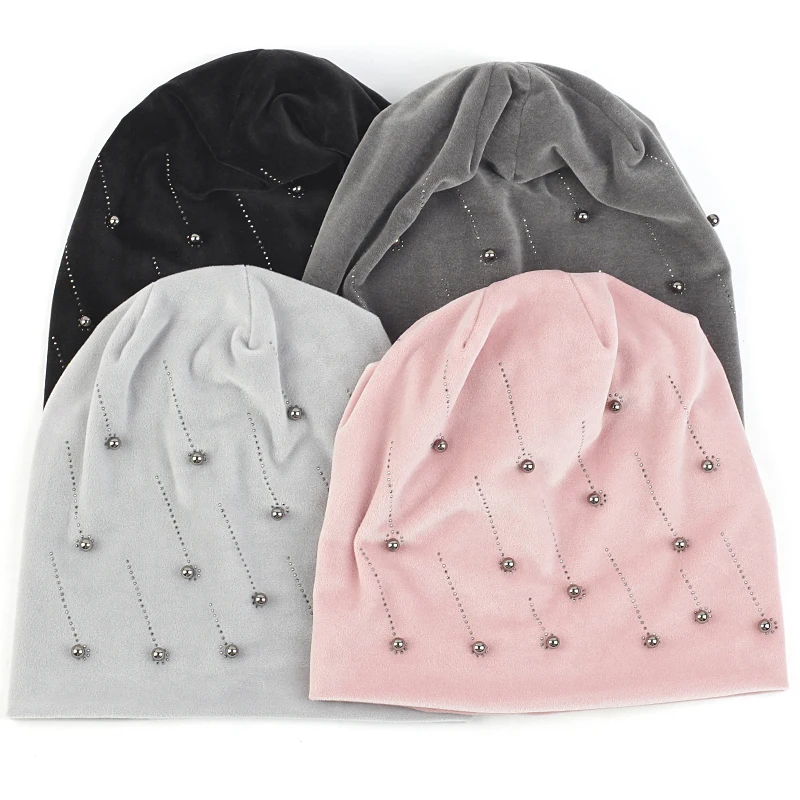 

Женская Шапка-бини с жемчугом, модная Шапка-бини, шапка-пуловер, однотонные шапочки, мягкие теплые повседневные мешковатые шапки для женщин