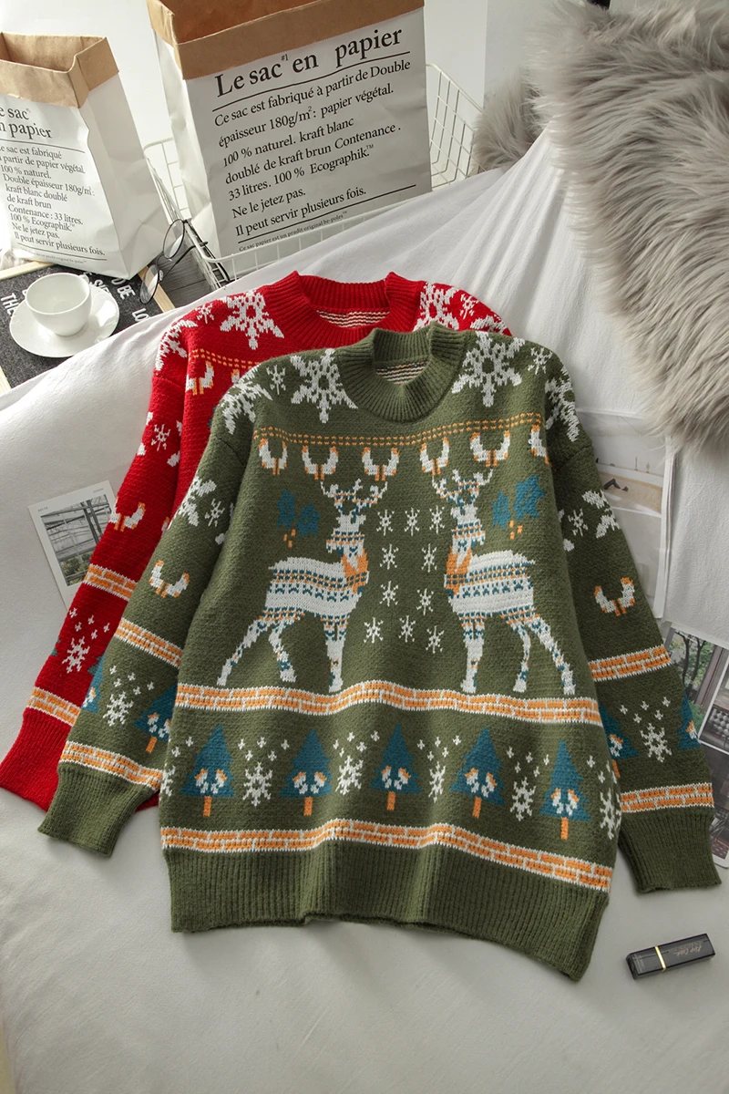 

round Neck Sweater for Women 2020 Winter Christmas Elk Loose and Warm Thickened Pullover Long-Sleeved Sweater
