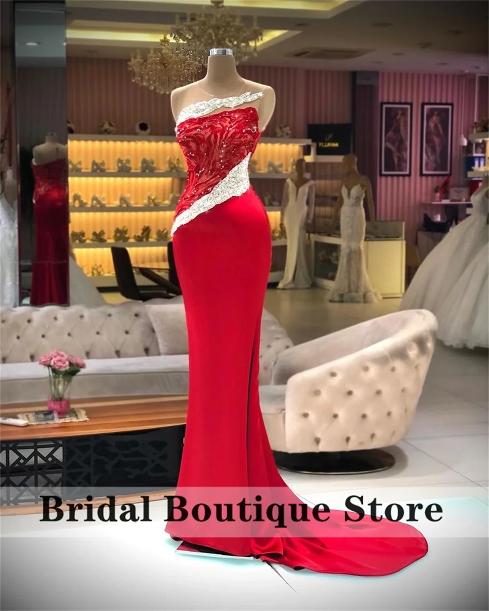 

Elegant Shining Red Mermaid Evening Dresses O Neck Beaded Celebrity Dress Women Party Gowns Robe De Soiree