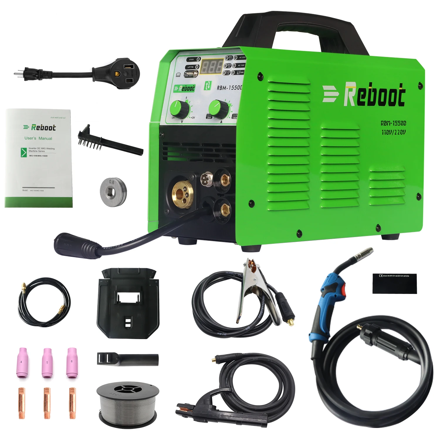 MIG сварщик 1550D флюсовой сердцевины 5 в 1 110/220V газовый клапан/Gasless 155 Amp наконечник