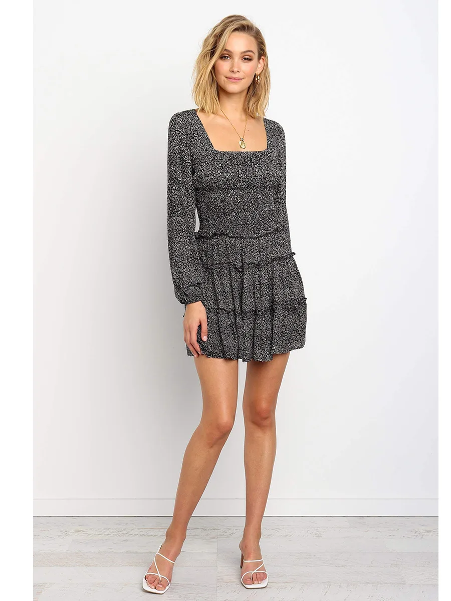 

Plus size New fashion Women printed Polka dot Long sleeve bodycon dress ladies Square collar mini dresses vacation beach dresse