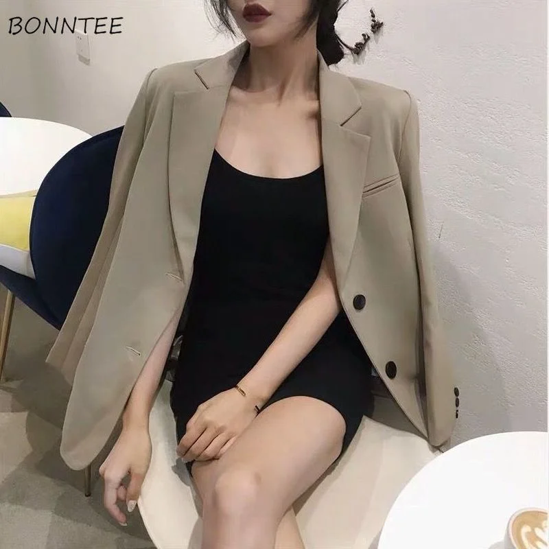 

Blazers Women Notched Basic Minimalism Outerwear Retro Long Sleeve Korean Style Office Female All Match College Loose Autumn Ins