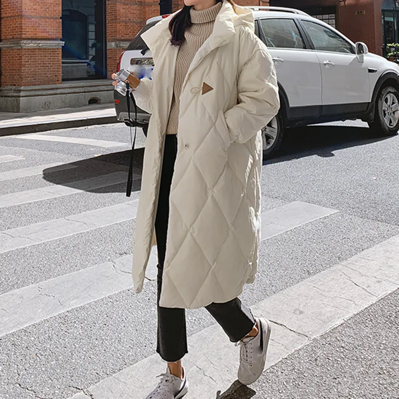 Sungtin модная длинная парка с капюшоном ромбиками пальто Женская куртка большого