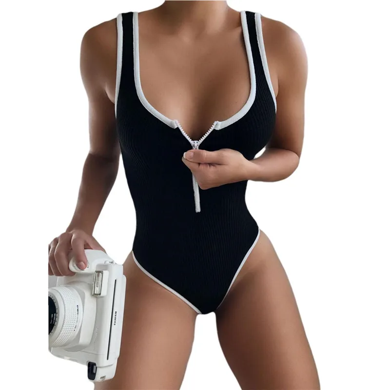 

Summer Ribbed Zipper Bodysuit Sexy Bodysuit Women's Fashion Bodycon Body Basic Top Sleeveless Bodysuit Jumpsuit One Piece