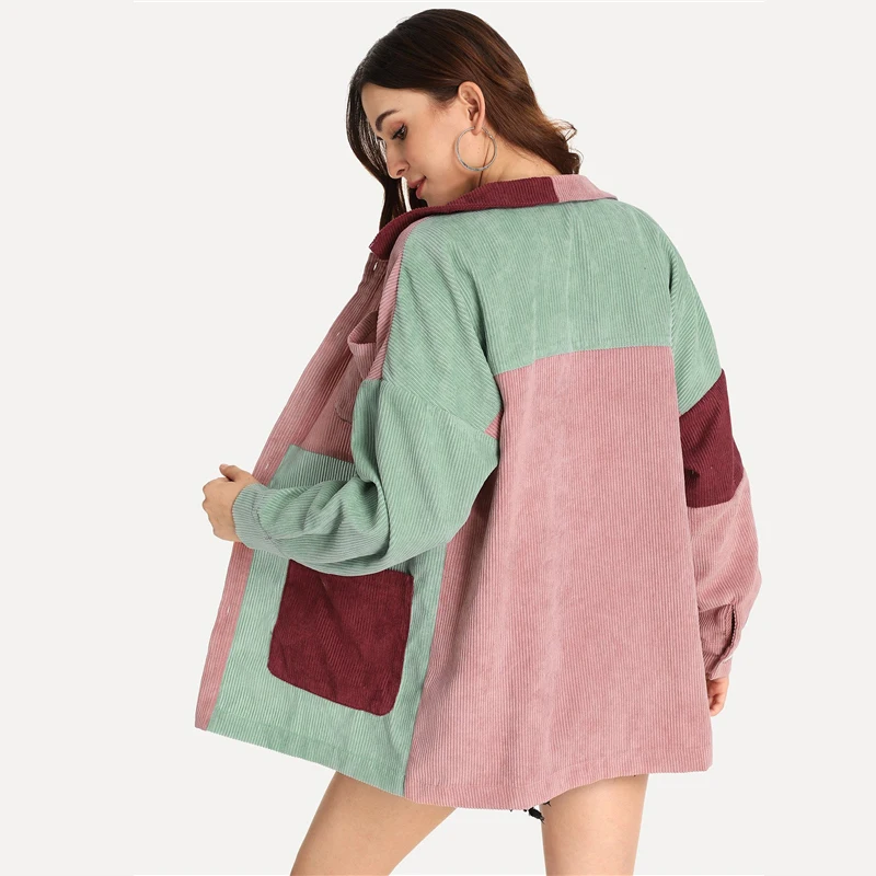 SHEIN повседневное многоцветное пальто с карманами спереди, вельветовое однобортное пальто, Осеннее Современное женское пальто, верхняя одежда