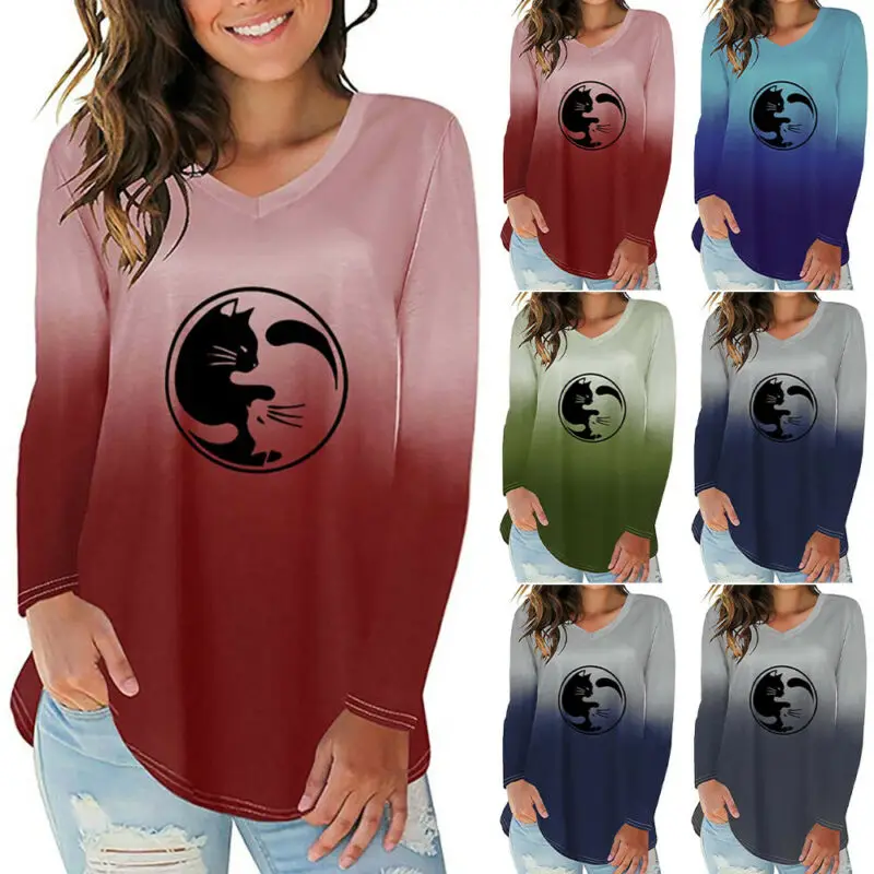 

Women Cat Printed Long Sleeve T Shirt Pullover Tops Casual Loose Tunic Plus Size