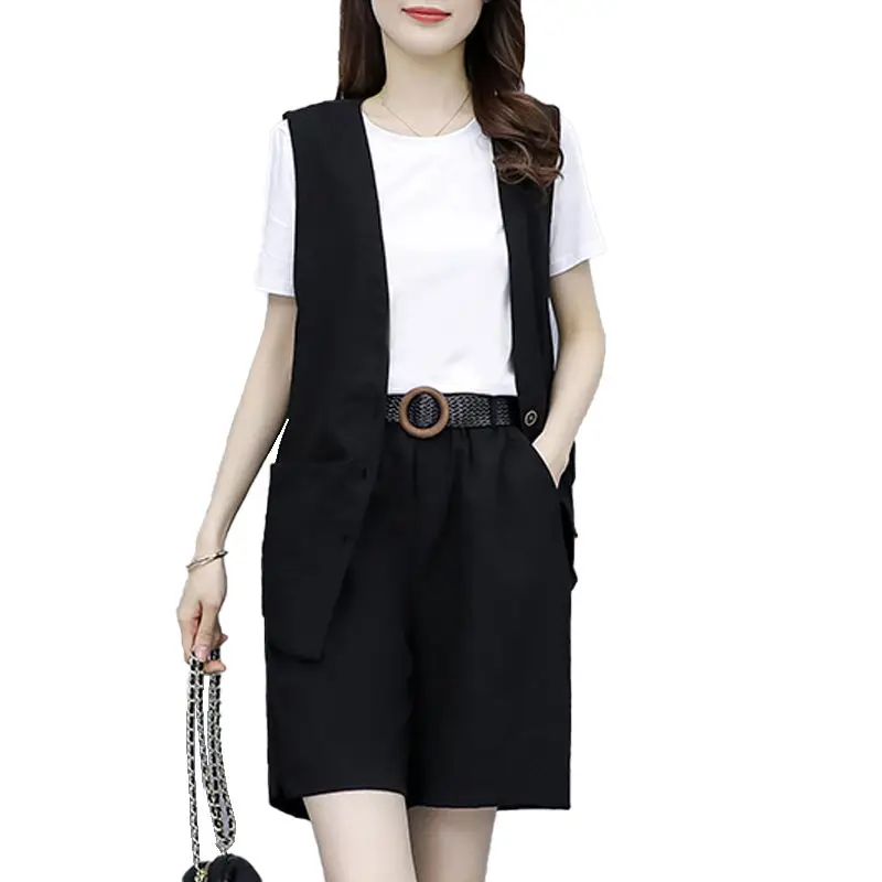 

New Arrival Summer Fashion Suits For Women 2021 White T-shirt+Blazer Waistcoat+Short Pants Big Size Casual Three Piece Set aq579