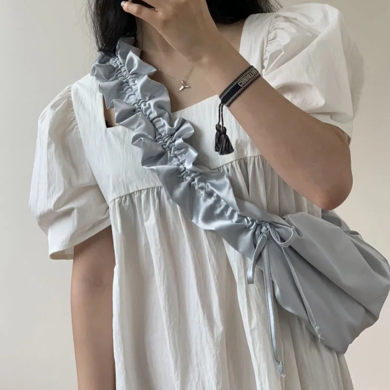 

Корейское шикарное мини-платье с квадратным вырезом, модное летнее платье с коротким рукавом, повседневное белое и розовое платье принцесс...