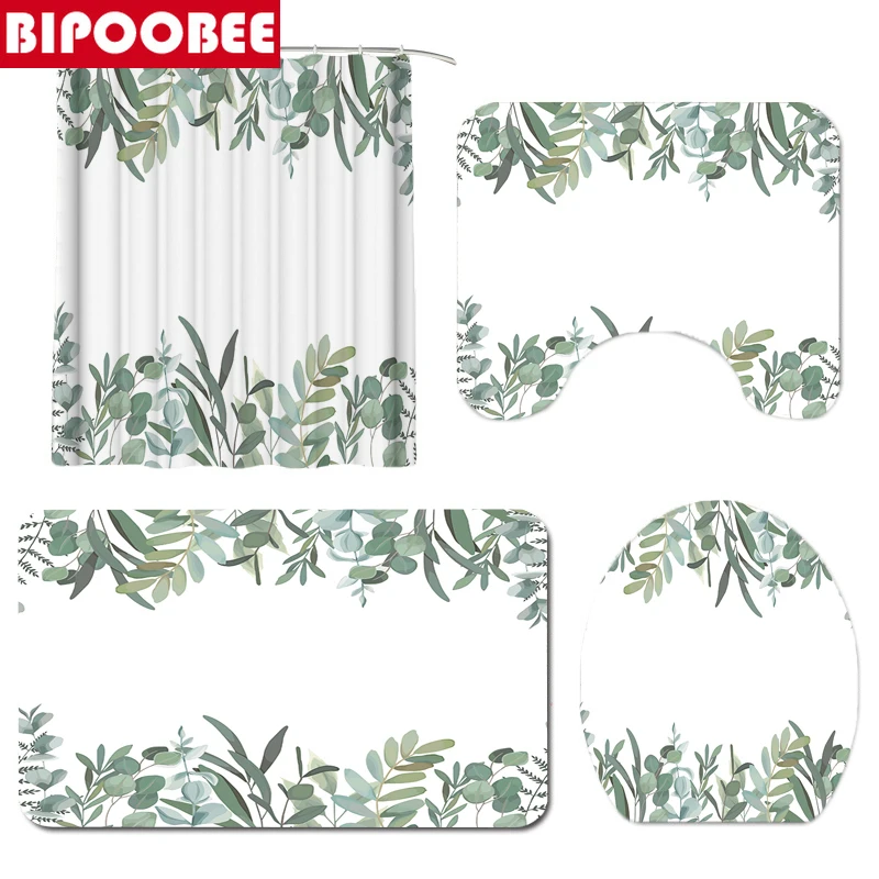 Набор занавесок для душа с принтом зеленых растений и листьев нескользящий