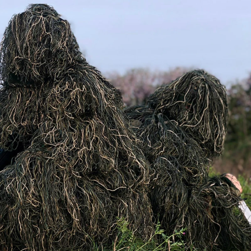 Военная камуфляжная охотничья одежда костюм Ghillie 5 шт. капюшон + ремень топ брюки
