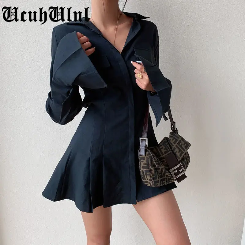 

2021 Spring Long Sleeve White Pleated Shirts Women Casual Turn Down Collar Chiffon Blouse Office Lady A Line Style Tops