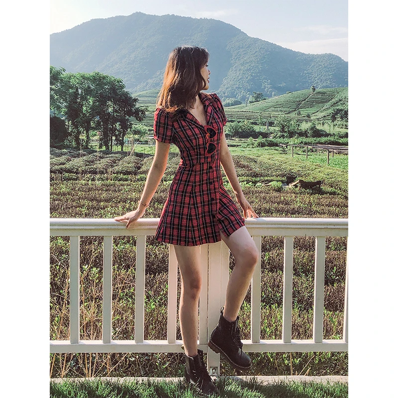 Красное розовое желтое милое платье на пуговицах мини-платье с коротким рукавом