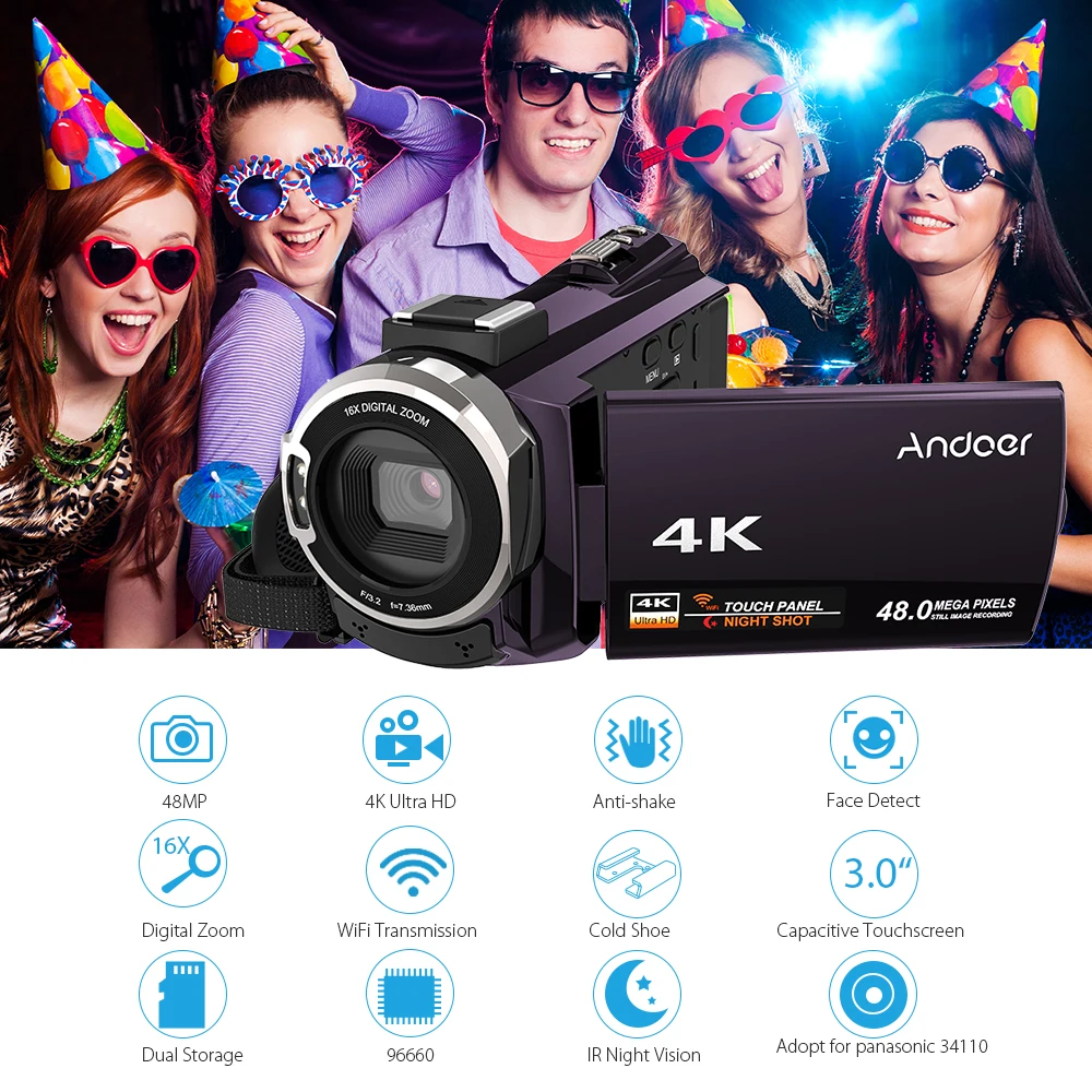 Andoer 4K 1080P 48MP WiFi цифровая видеокамера регистратор 3 дюймов емкостный сенсорный